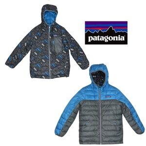 Patagonia Boys Reversible Down Sweater Hoodie Jacket Blue Grey Large 68335